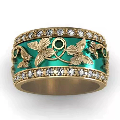 Alloy Green Butterfly Inlaid Zircon Electroplated Women's Ring - Image 3
