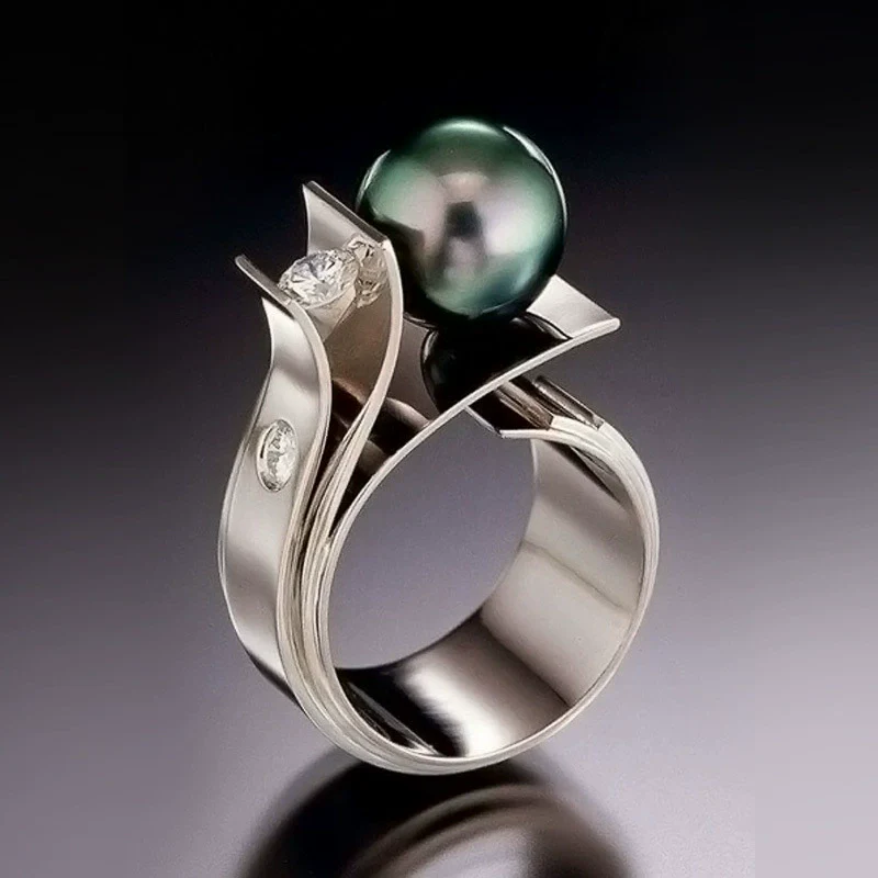 Alloy Green Shell Pearl Ring With Geometric Pattern And Diamond For Women