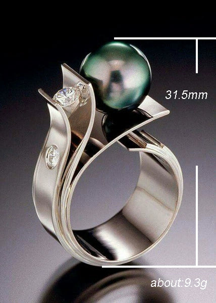 Alloy Green Shell Pearl Ring With Geometric Pattern And Diamond For Women - Image 3
