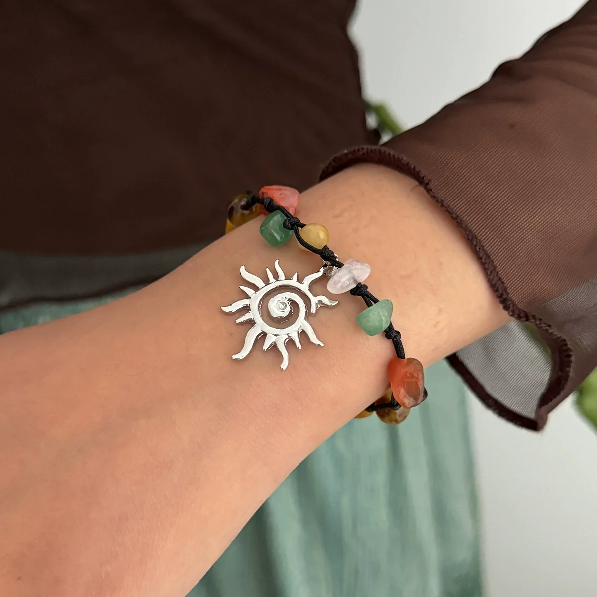 Alloy Handmade Bohemian Asymmetrical Colorful Gravel Beaded Spiral Star Shaped Geometric Patterned Women's Bracelet - Image 2