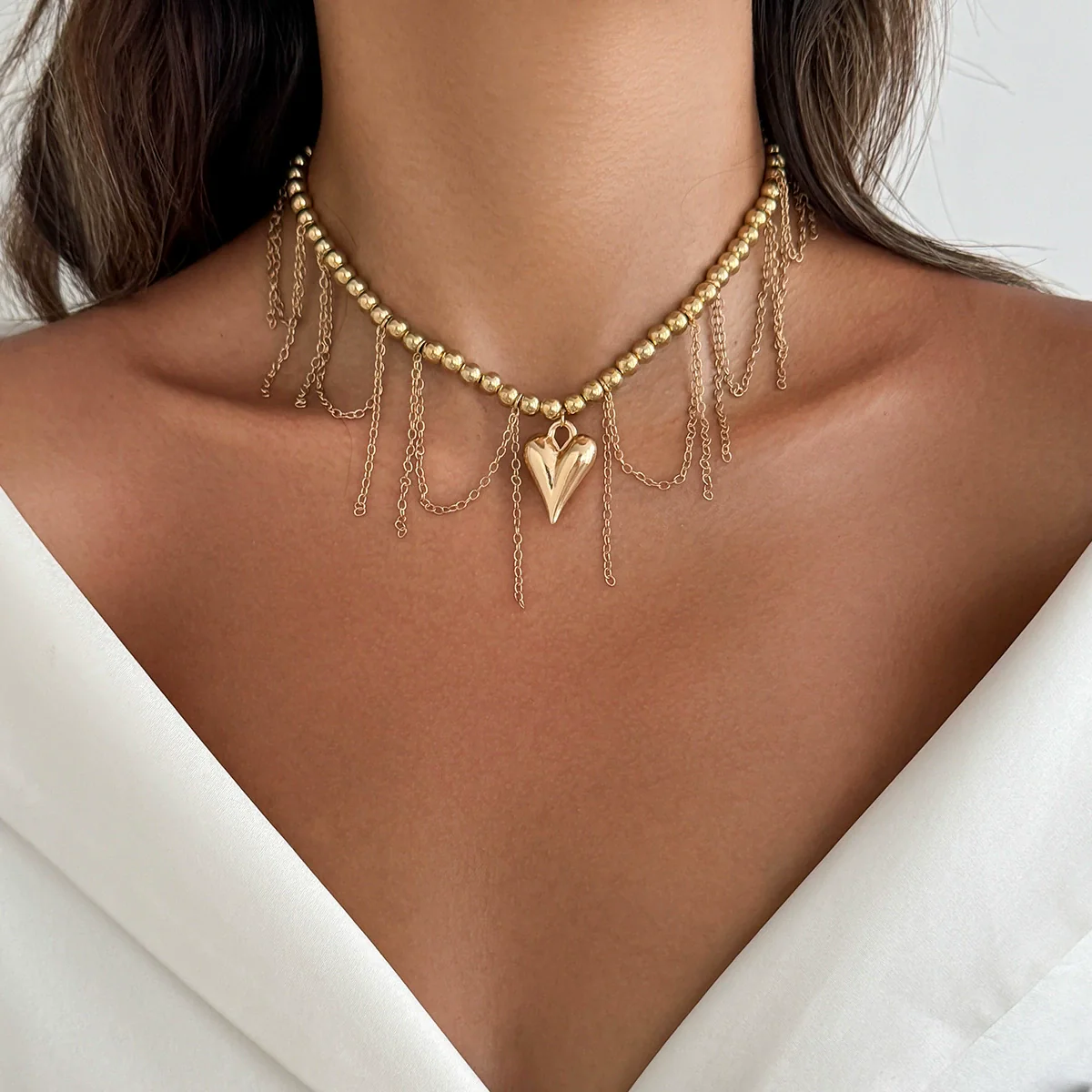 Alloy Heart Geometric Clavicle Chain Tassel Necklace For Women With Electroplating