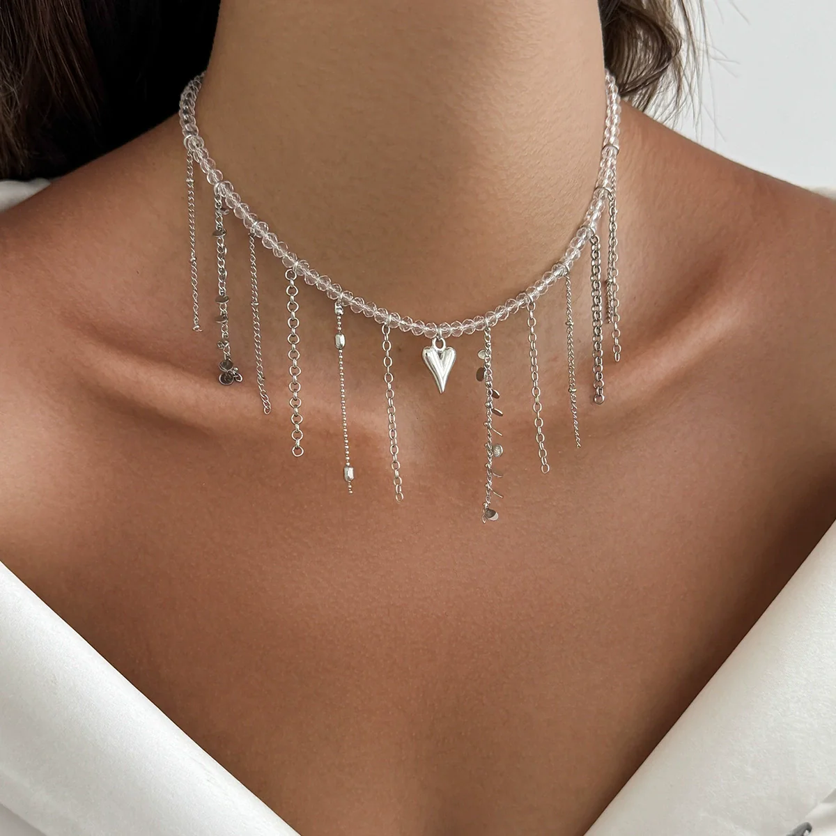 Alloy Heart Geometric Clavicle Chain Tassel Necklace For Women With Electroplating - Image 3