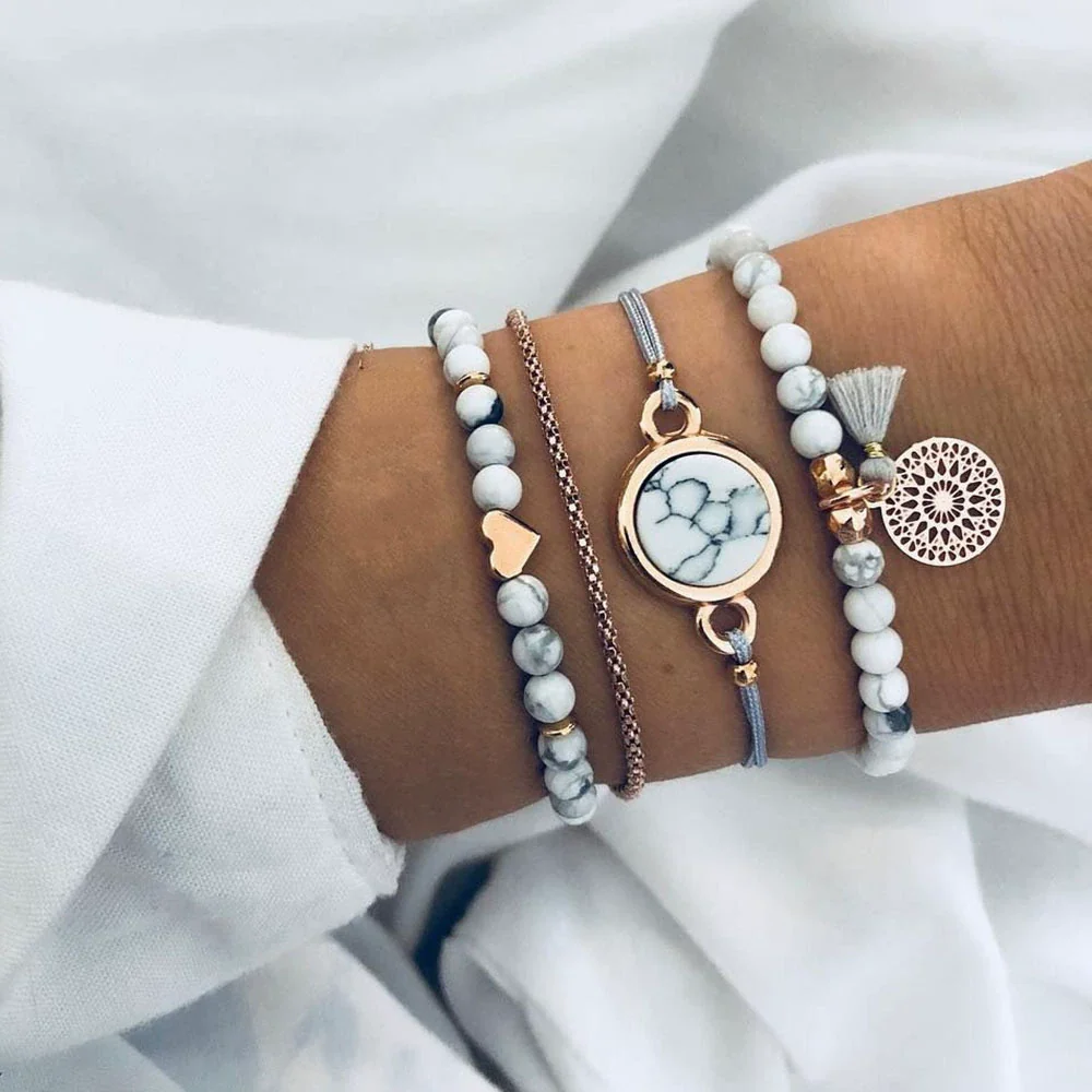 Alloy Heart Pattern Electroplating Tassel Round Stone Bracelet Set For Unisex