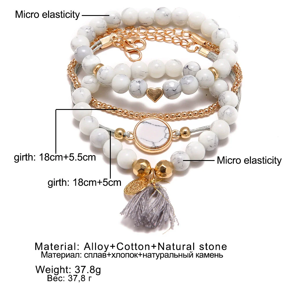Alloy Heart Pattern Electroplating Tassel Round Stone Bracelet Set For Unisex - Image 2