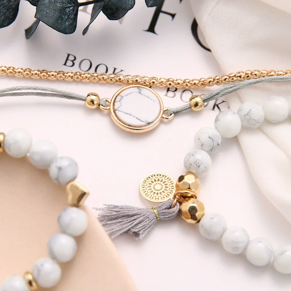 Alloy Heart Pattern Electroplating Tassel Round Stone Bracelet Set For Unisex - Image 4