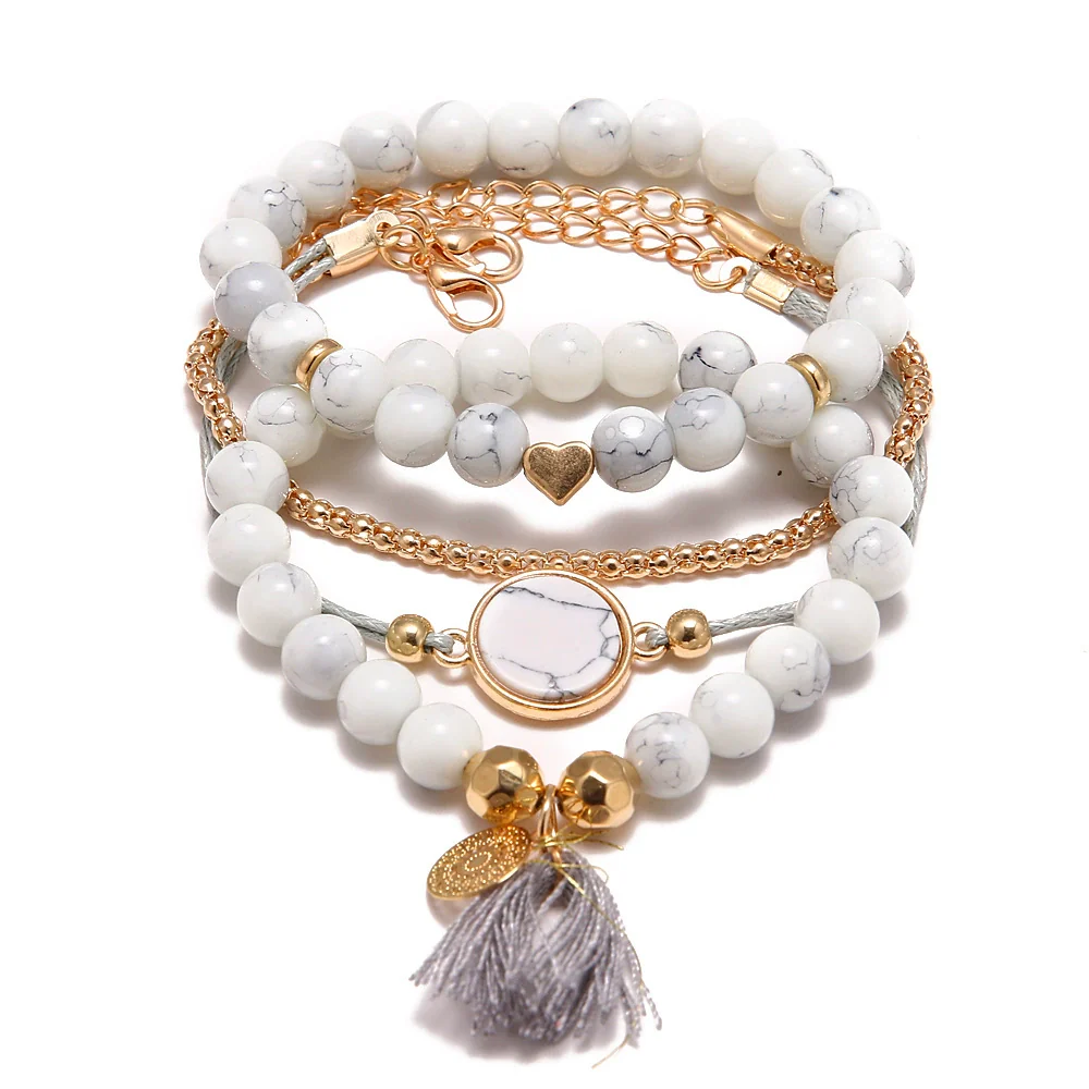 Alloy Heart Pattern Electroplating Tassel Round Stone Bracelet Set For Unisex - Image 5