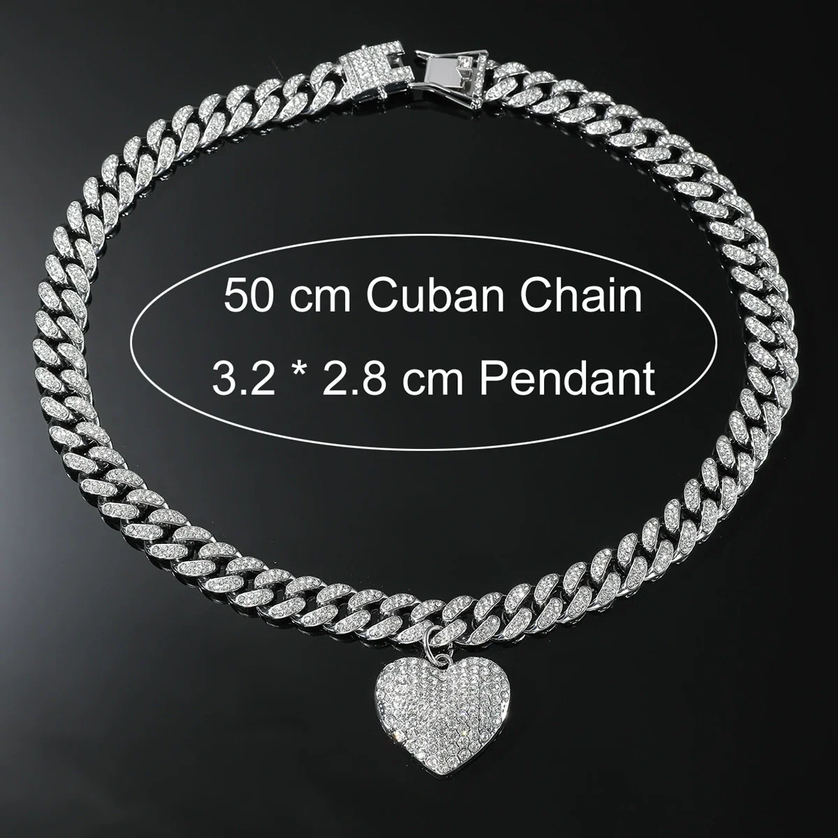 Alloy Heart Pendant Cuban Chain Hiphop Necklace With Diamond And Geometric Design - Image 4