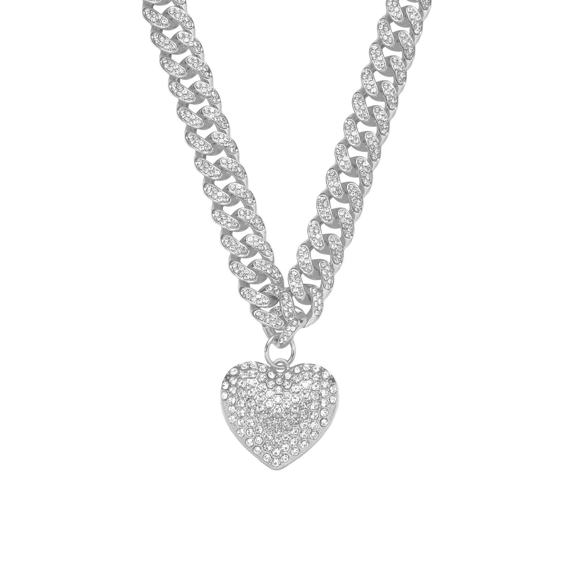 Alloy Heart Pendant Cuban Chain Hiphop Necklace With Diamond And Geometric Design - Image 7