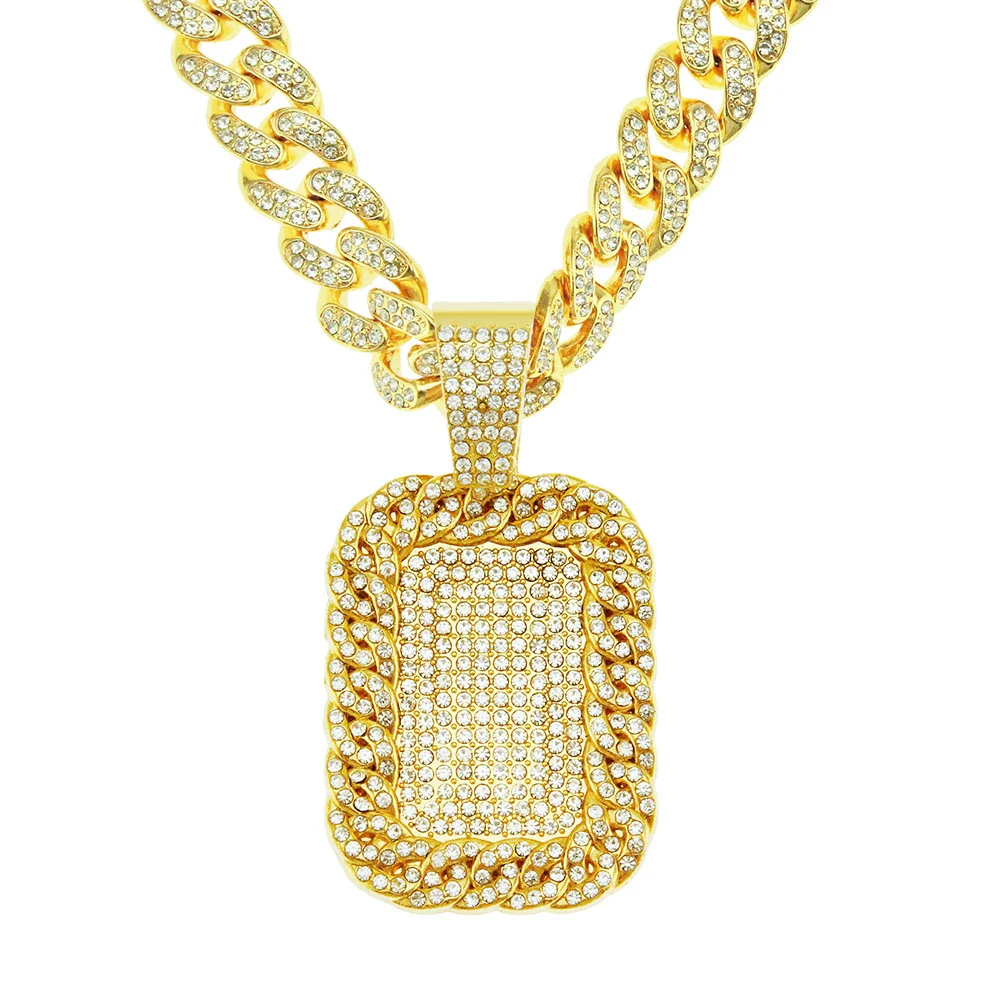 Alloy Hip Hop Exaggerated Geometric Diamond Military Pendant Cuban Chain Necklace For Men