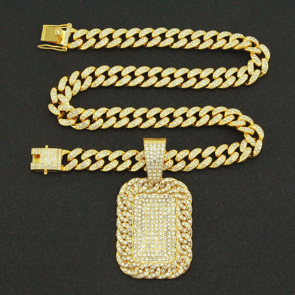Alloy Hip Hop Exaggerated Geometric Diamond Military Pendant Cuban Chain Necklace For Men - Image 3