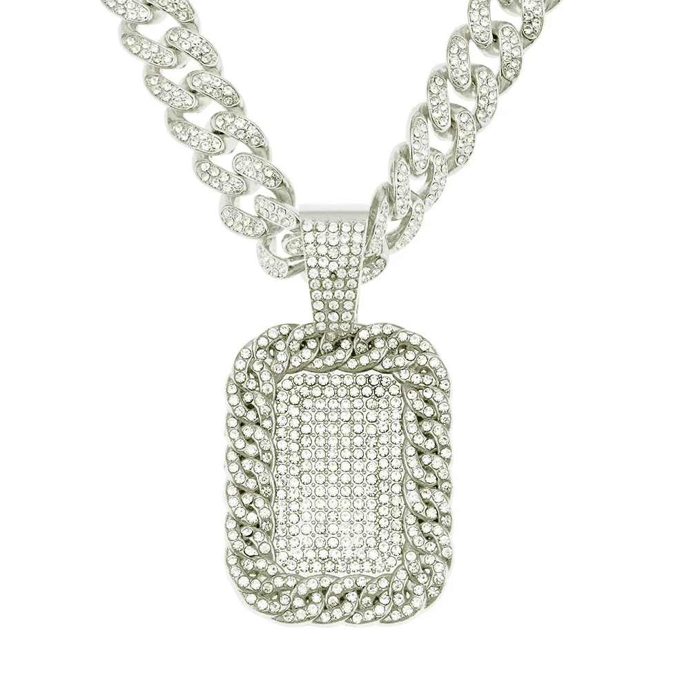 Alloy Hip Hop Exaggerated Geometric Diamond Military Pendant Cuban Chain Necklace For Men - Image 6