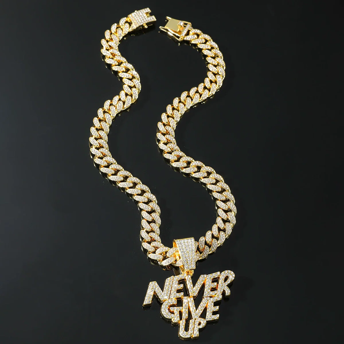 Alloy Hip Hop Letter Rhinestone Diamond Cuban Chain Pendant Necklace - Image 2