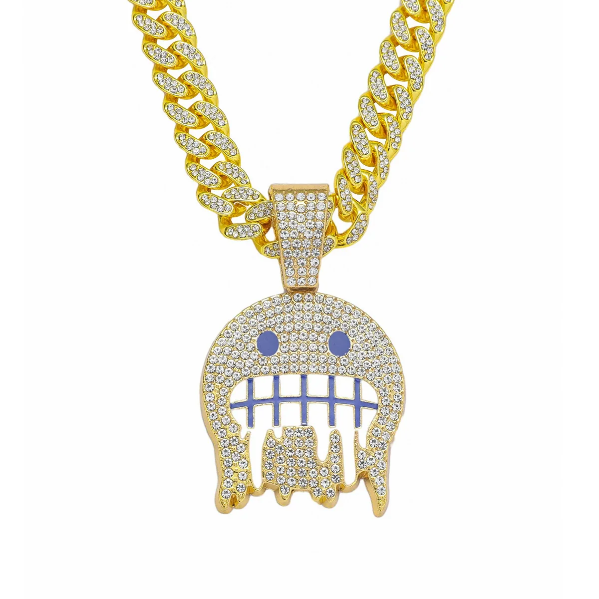 Alloy Hip Hop Style Men's Pendant Jewelry With Geometric Rhinestone Emoji Expression Pendant And Cuban Chain Set With Diamond