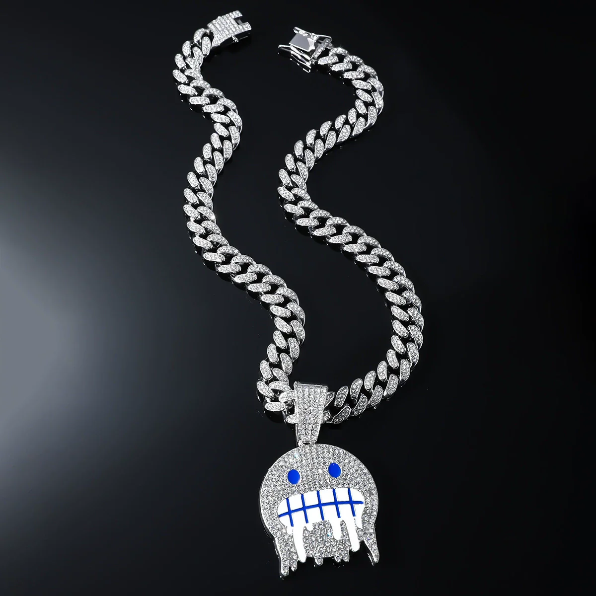 Alloy Hip Hop Style Men's Pendant Jewelry With Geometric Rhinestone Emoji Expression Pendant And Cuban Chain Set With Diamond - Image 3