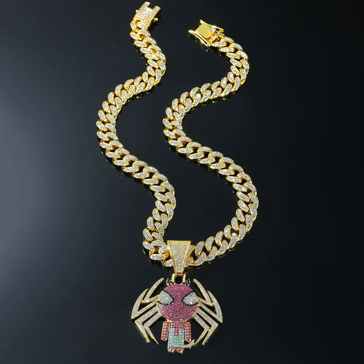 Alloy Hiphop Animals Zodiac Spider Pendant Necklace With Diamond Cuban Chain For Men - Image 2