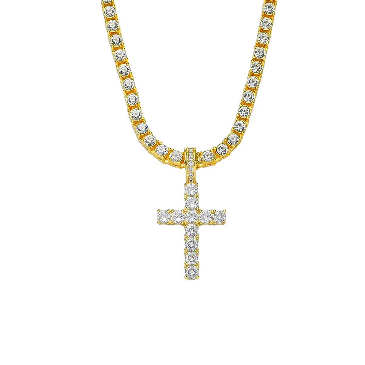 Alloy Hiphop Geometric Cross Pendant Necklace With Inlaid Zircon And Tennis Chain