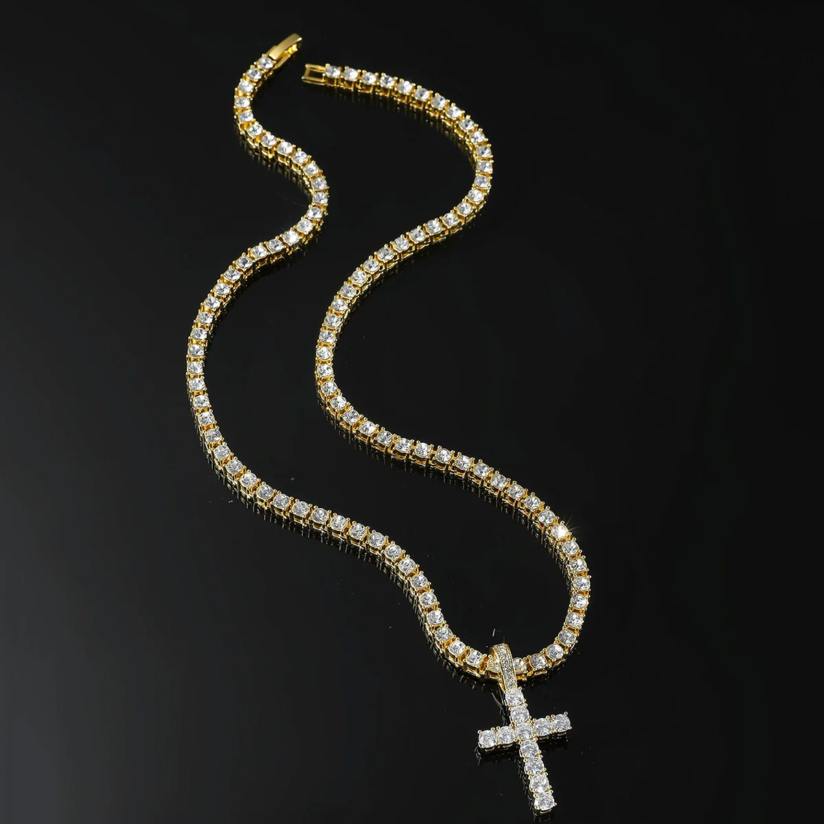 Alloy Hiphop Geometric Cross Pendant Necklace With Inlaid Zircon And Tennis Chain - Image 2