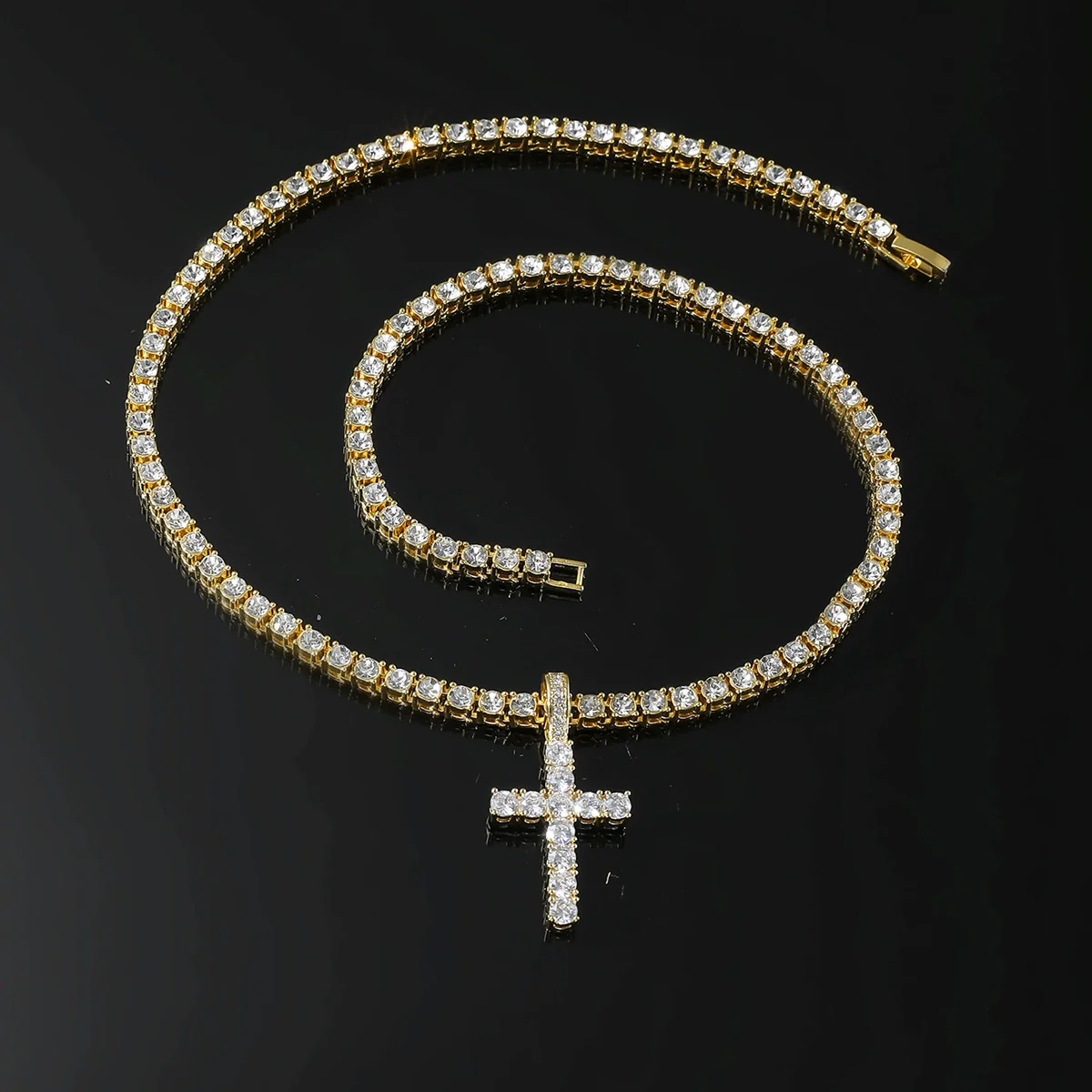 Alloy Hiphop Geometric Cross Pendant Necklace With Inlaid Zircon And Tennis Chain - Image 3