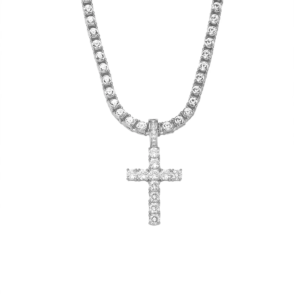 Alloy Hiphop Geometric Cross Pendant Necklace With Inlaid Zircon And Tennis Chain - Image 7