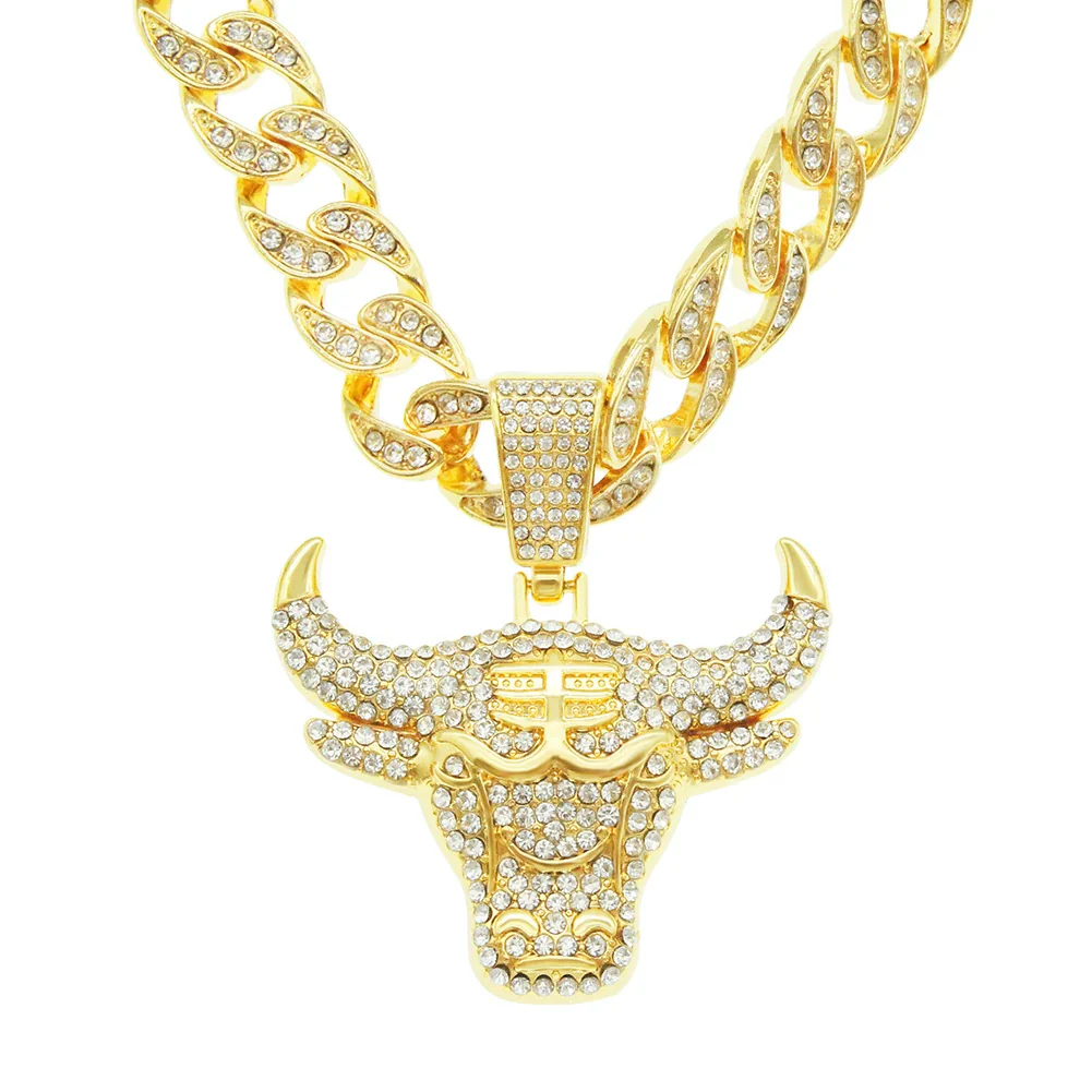 Alloy Hiphop Geometric Diamondencrusted Cow's Head Pendant Cuban Chain Necklace
