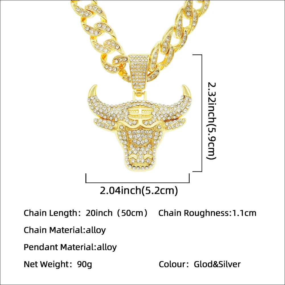 Alloy Hiphop Geometric Diamondencrusted Cow's Head Pendant Cuban Chain Necklace - Image 2