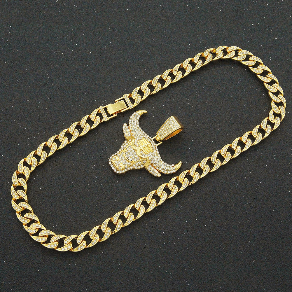 Alloy Hiphop Geometric Diamondencrusted Cow's Head Pendant Cuban Chain Necklace - Image 3