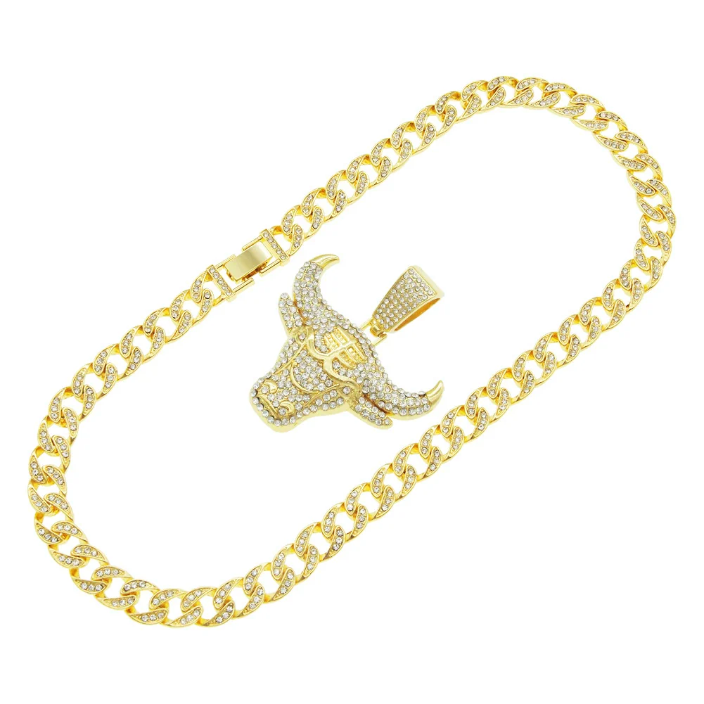 Alloy Hiphop Geometric Diamondencrusted Cow's Head Pendant Cuban Chain Necklace - Image 5