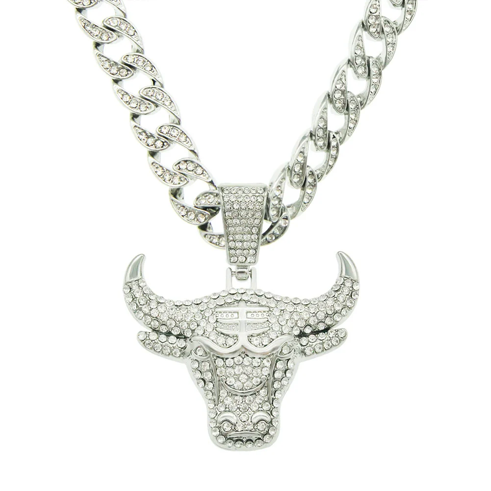 Alloy Hiphop Geometric Diamondencrusted Cow's Head Pendant Cuban Chain Necklace - Image 6