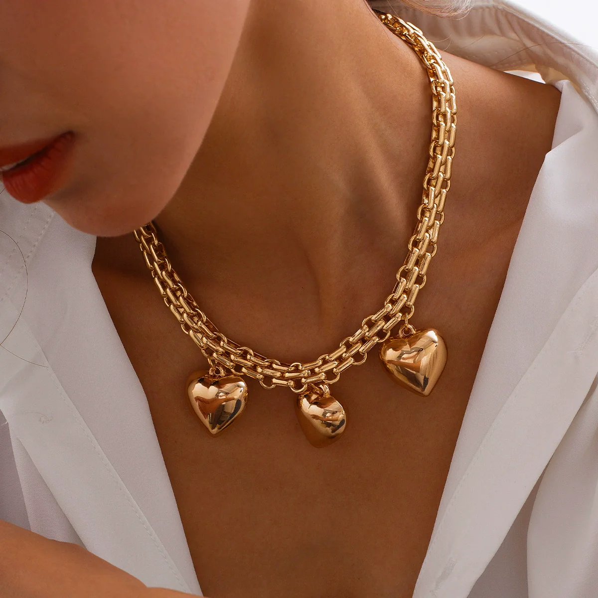 Alloy Hiphop Style Love Pendant Chain Necklace With Heart And Star Patterns Electroplated For Women - Image 2