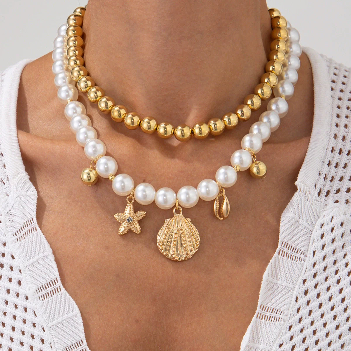 Alloy Imitation Pearl Star Geometric Clavicle Chain Necklace With Electroplating For Women