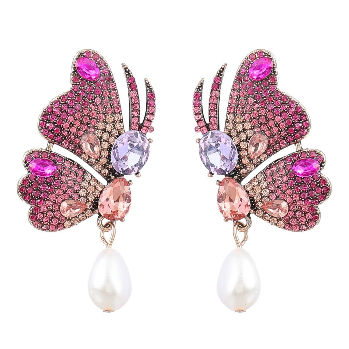 Alloy Inlaid Pearl Earrings With Colored Diamond And Butterfly Design For Women - Image 5