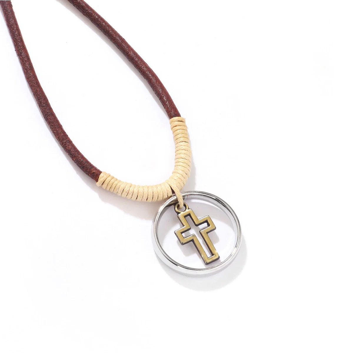 Alloy Jewelry Geometric Retro Style Hollow Cross Doublering Pendant Electroplated Couple Necklace - Image 5