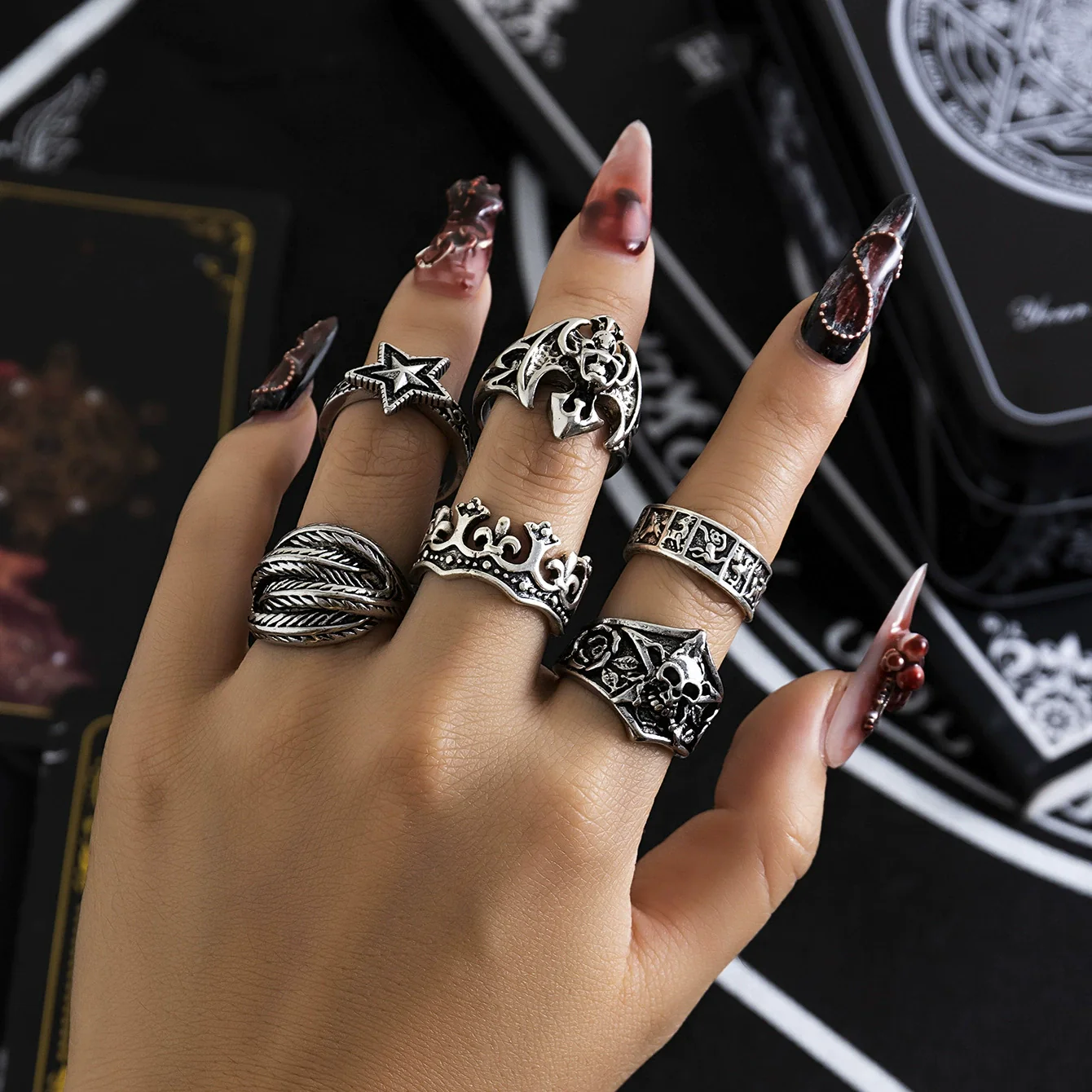 Alloy Jewelry Ghost Skull Spider Cross Ring Set With Geometric Animal Zodiac Pattern And Electroplating Treatment For Women - Image 3