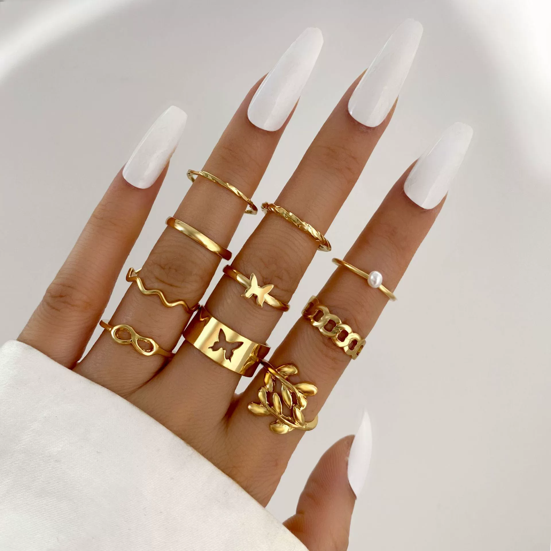 Alloy Leaf And Butterfly Ring Set Unisex Antique Style Set With Pearls