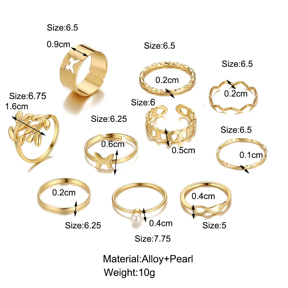 Alloy Leaf And Butterfly Ring Set Unisex Antique Style Set With Pearls - Image 2