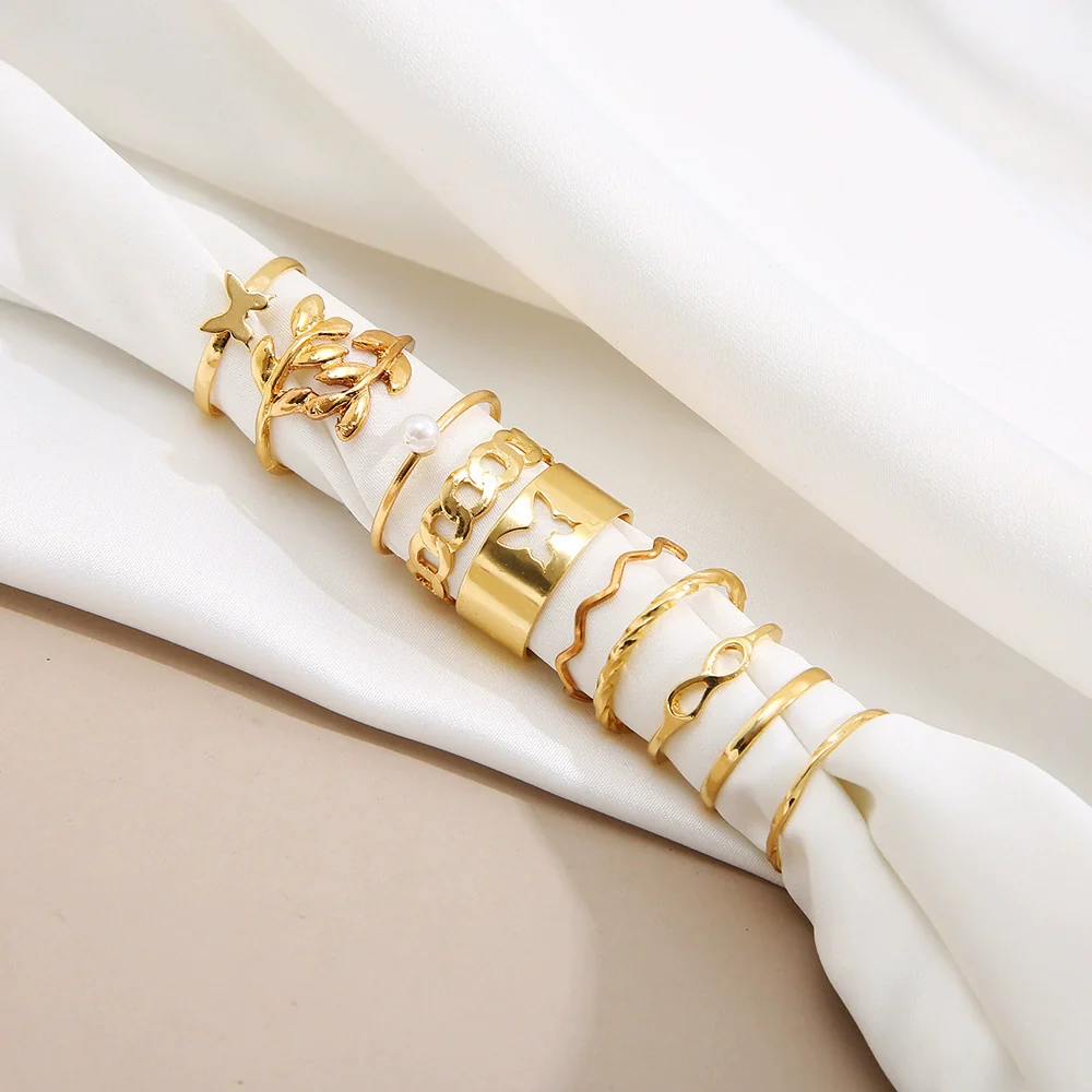 Alloy Leaf And Butterfly Ring Set Unisex Antique Style Set With Pearls - Image 3