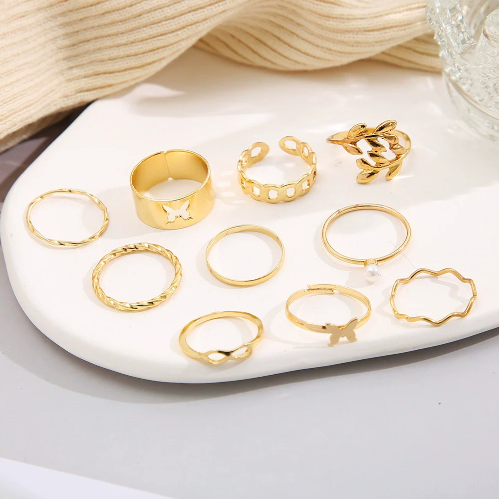 Alloy Leaf And Butterfly Ring Set Unisex Antique Style Set With Pearls - Image 4