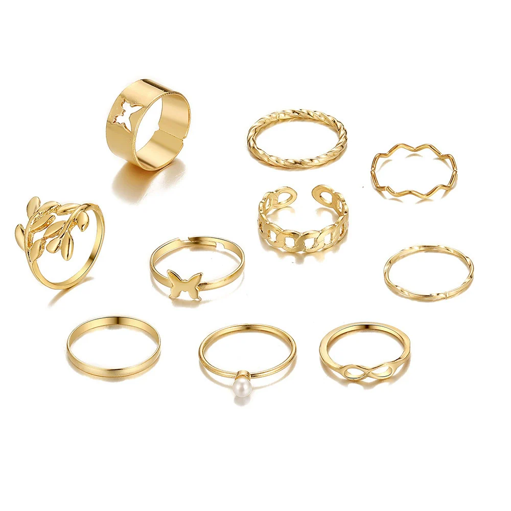 Alloy Leaf And Butterfly Ring Set Unisex Antique Style Set With Pearls - Image 5