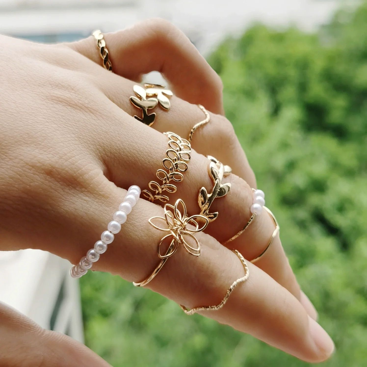 Alloy Leaf And Butterfly Ring Set Unisex Antique Style Set With Pearls - Image 6