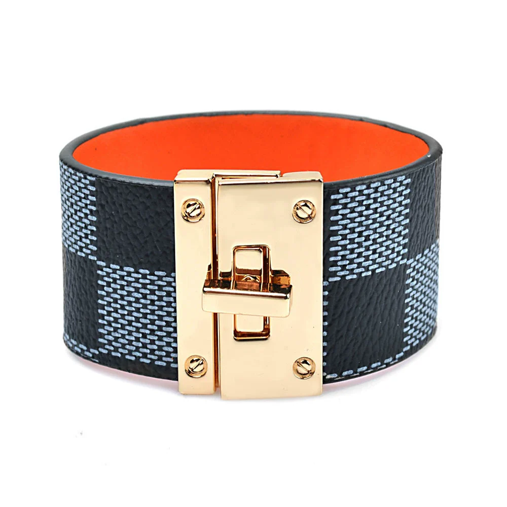 Alloy Leather Wide Bracelet With Geometric Pattern For Women Electroplated Punk Style Jewelry - Image 6