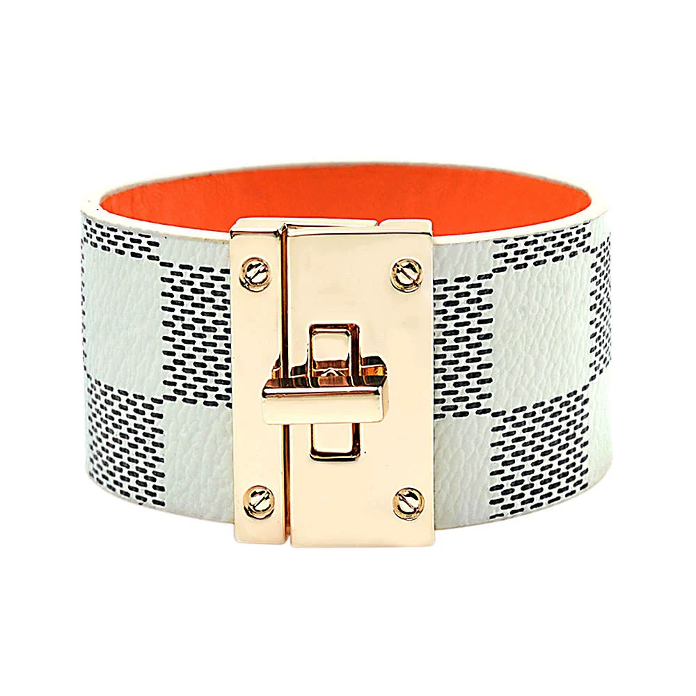 Alloy Leather Wide Bracelet With Geometric Pattern For Women Electroplated Punk Style Jewelry - Image 7
