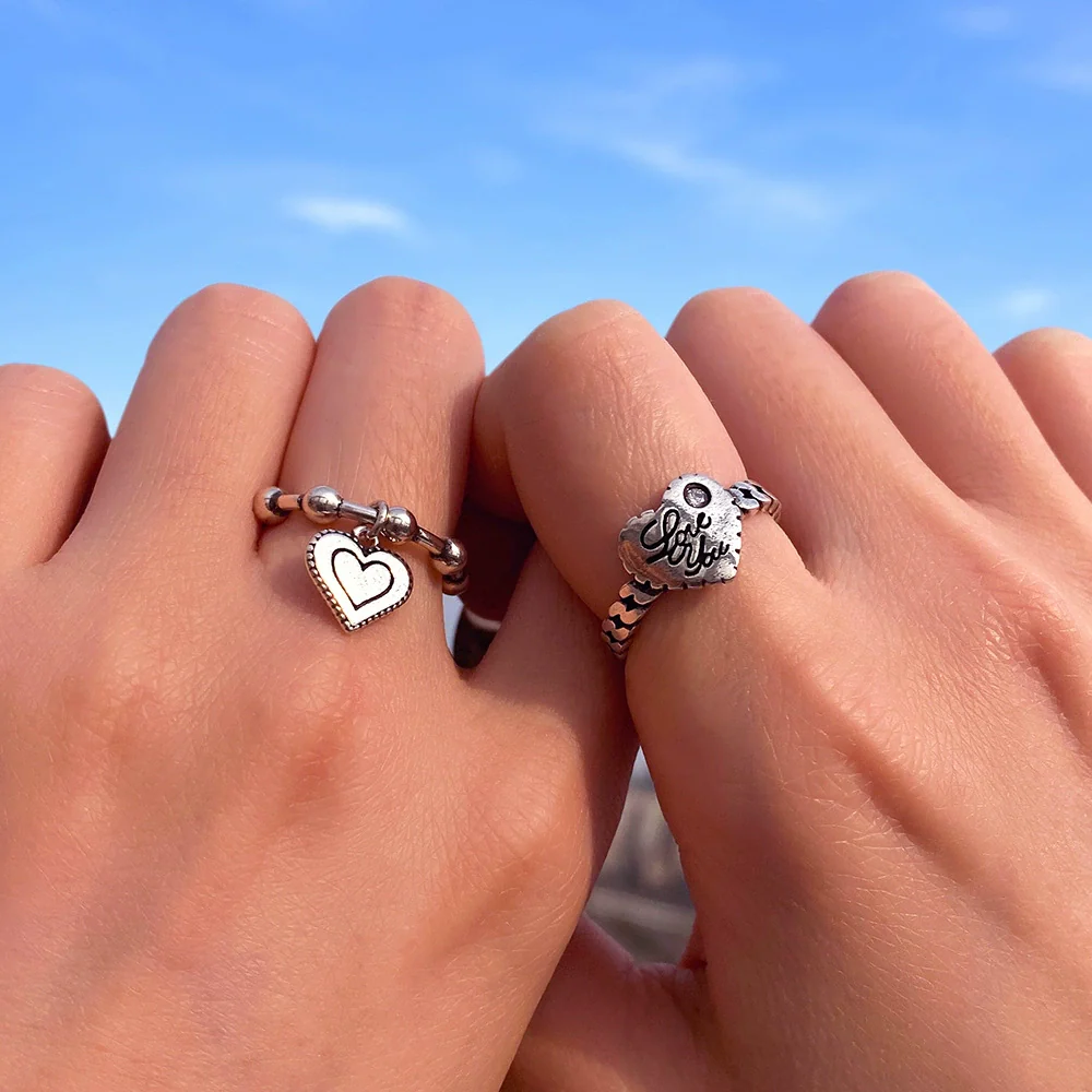 Alloy Love Pendant Ring Set Creative Retro Cartoon Heart Sculpture Unisex