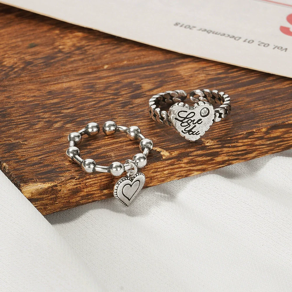 Alloy Love Pendant Ring Set Creative Retro Cartoon Heart Sculpture Unisex - Image 3