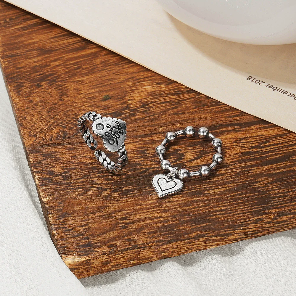 Alloy Love Pendant Ring Set Creative Retro Cartoon Heart Sculpture Unisex - Image 4
