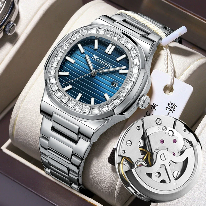 Alloy Mechanical Men's Square Watch With Diamondencrusted Nautilus Waterproof Luminous Calendar Mineral Reinforced Glass Mirror Stainless Steel Buckle Business Style - Image 6