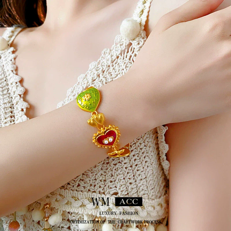 Alloy Medieval Vintage Women's Jewelry Set With Dripping Oil Heart Flower Pattern Bracelet And Earrings - Image 4