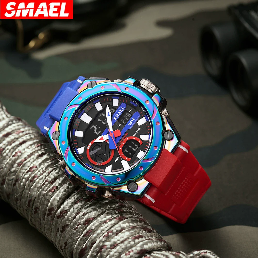 Alloy Men's Electronic Sports Watch Colorful Gradient Round Dial Stainless Steel Clasp Plexiglass Mirror Luminous Waterproof - Image 2