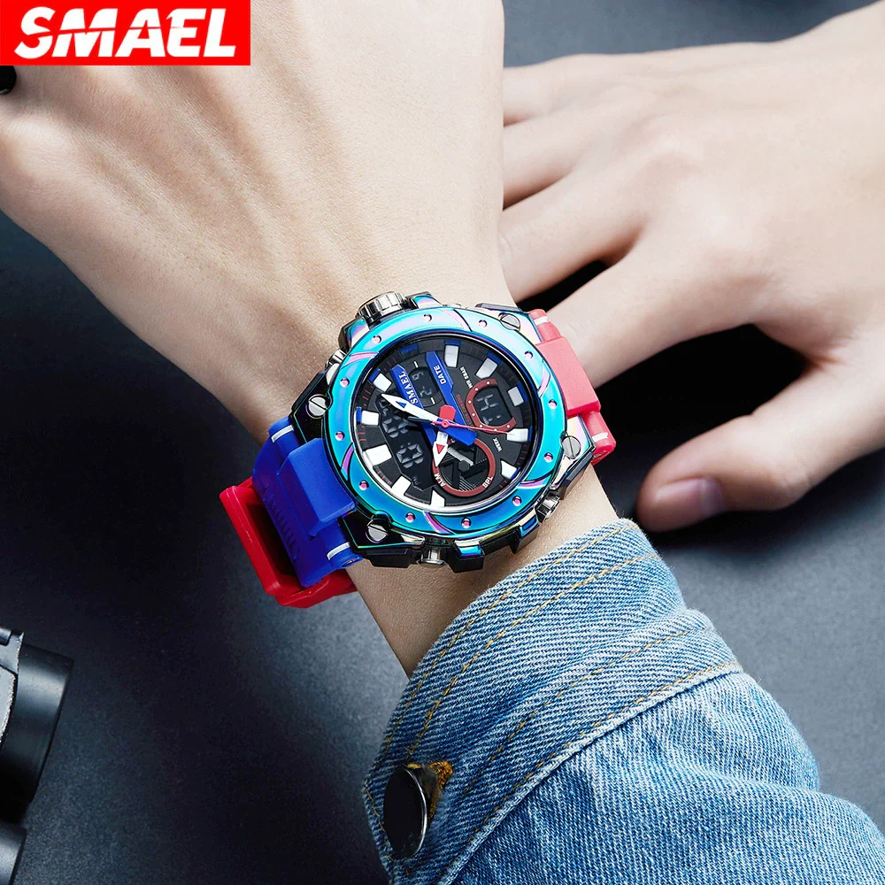 Alloy Men's Electronic Sports Watch Colorful Gradient Round Dial Stainless Steel Clasp Plexiglass Mirror Luminous Waterproof - Image 3