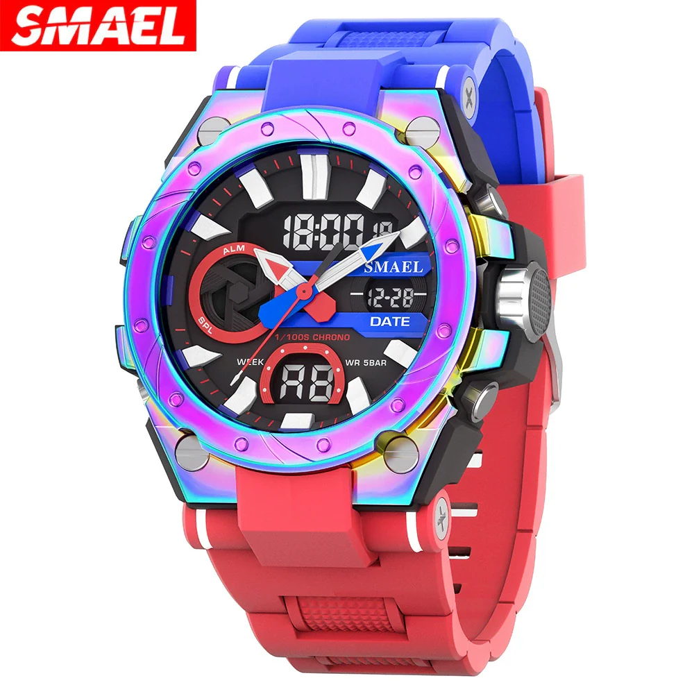 Alloy Men's Electronic Sports Watch Colorful Gradient Round Dial Stainless Steel Clasp Plexiglass Mirror Luminous Waterproof - Image 5