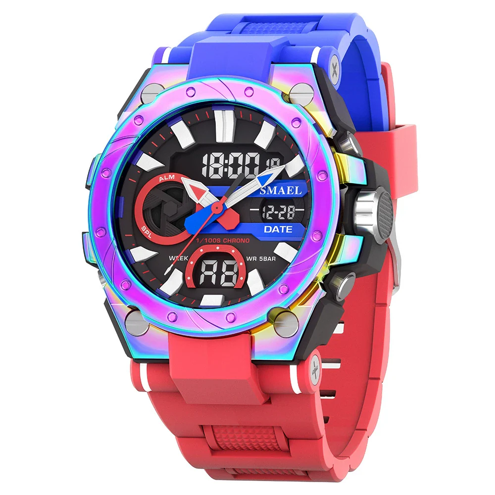 Alloy Men's Electronic Sports Watch Colorful Gradient Round Dial Stainless Steel Clasp Plexiglass Mirror Luminous Waterproof - Image 6